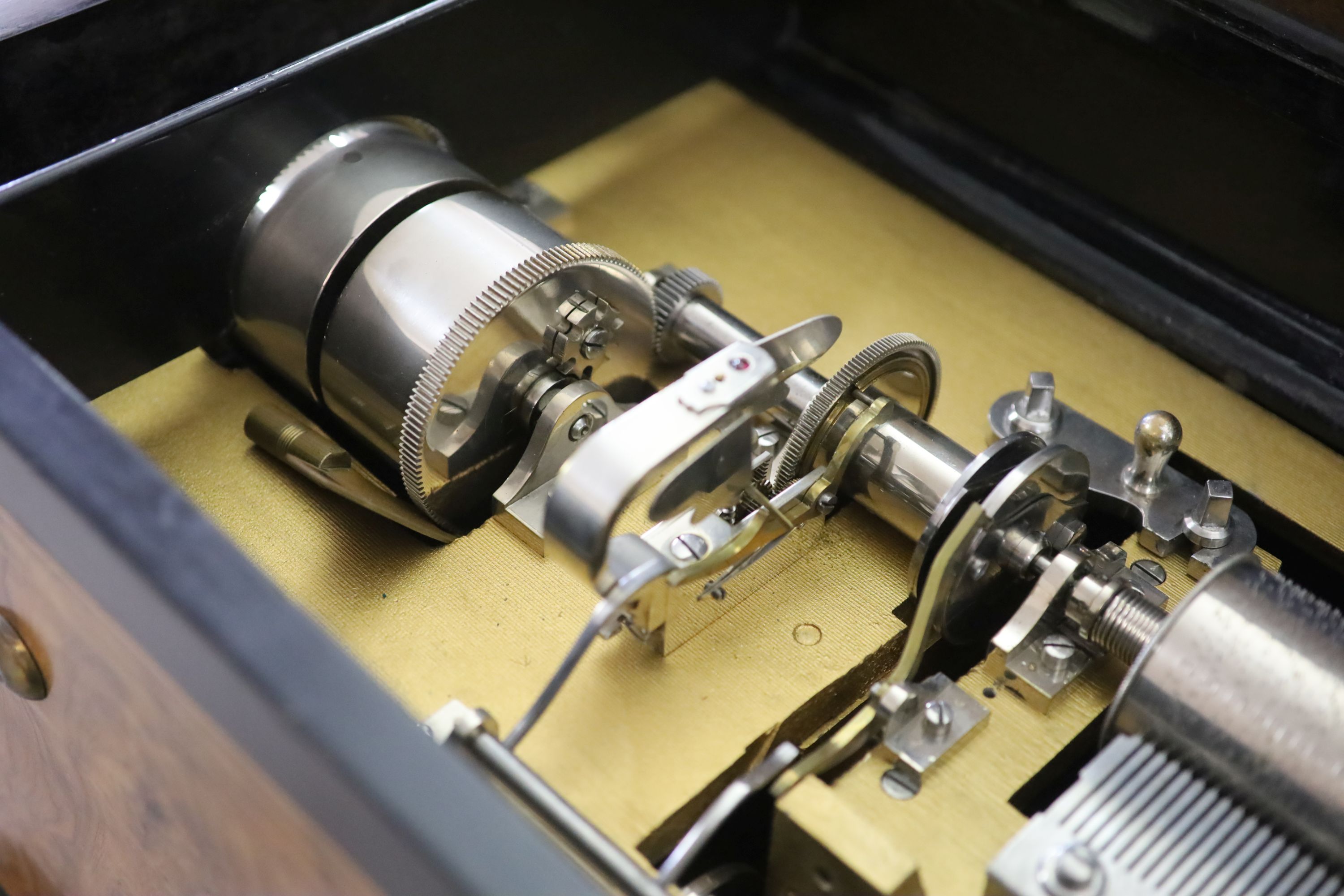 A rare Swiss quatre-revolver cylinder musical box, late 19th century 88 x 36cm, 38cm high.